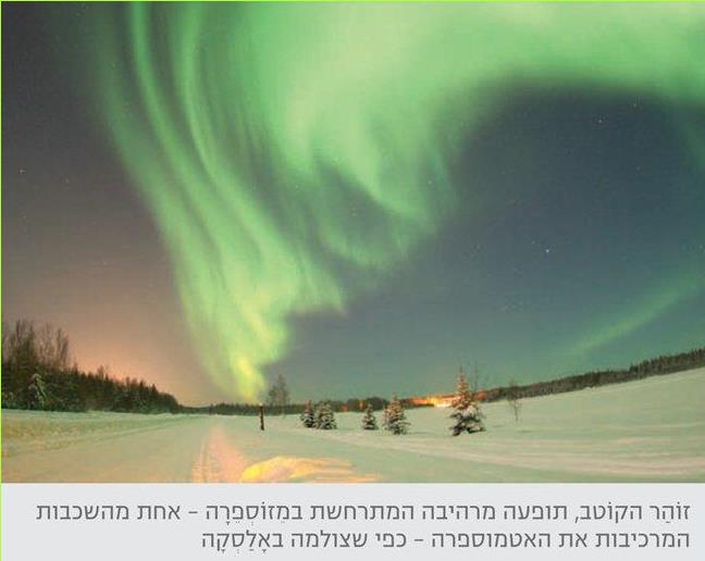 זוהר הקוטב, תופעה מרהיבה המתרחשת במזוספרה – אחת מהשכבות המרכיבות את האטמוספרה – כפי שצולמה באלסקה